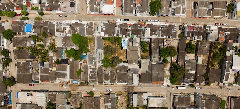 An aerial shot of a neighborhood